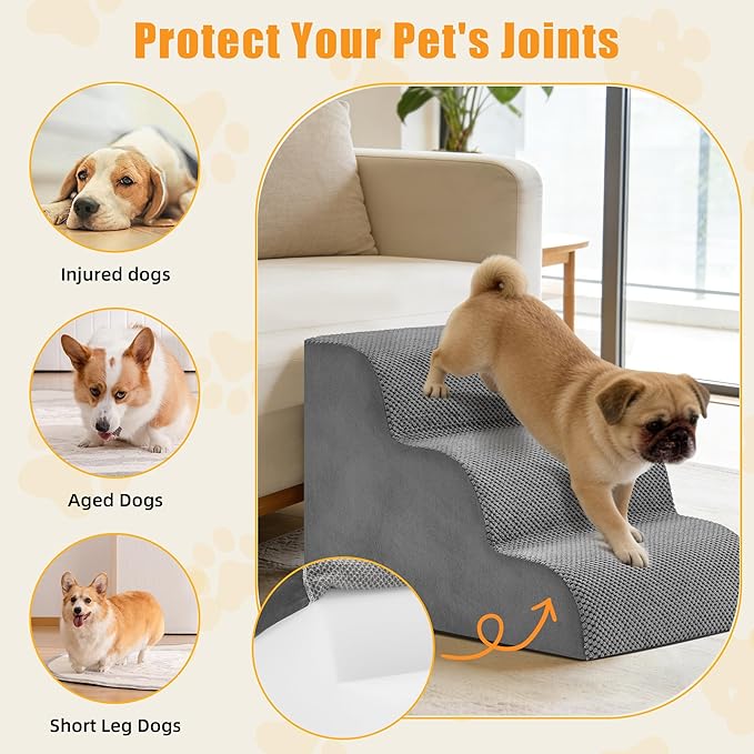 3-Step Dog Stairs for Small Dogs and Cats, 16" H Dog Steps for Couch, Sofa, Chair, Durable Non-Slip Sturdy Pet Steps, Pet Ramp for High Bed Indoor, Grey