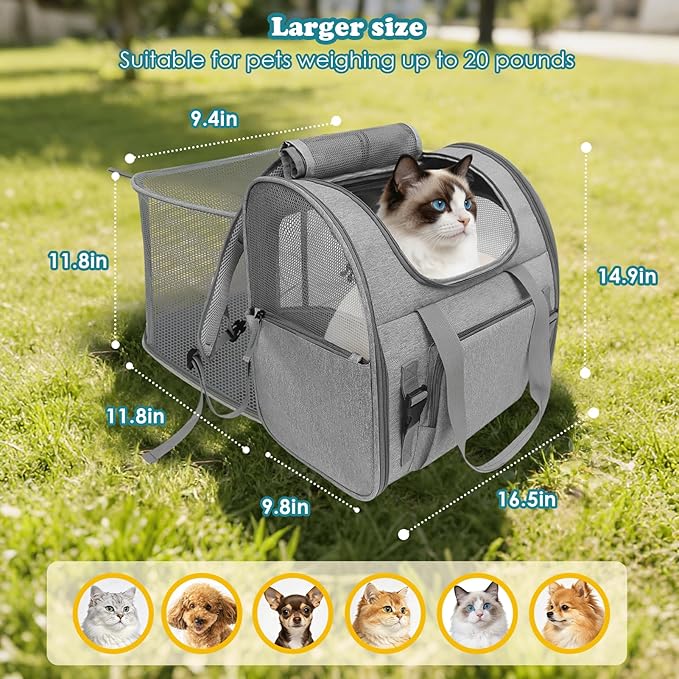 XIAPIA Cat Backpack Carrier, Expandable Large Pet Carrier Backpack Bag for Cats & Small Dogs Up to 20lbs, Foldable with Breathable Mesh for Hiking & Air Travel (16.5"x14.9"x9.8", Grey)