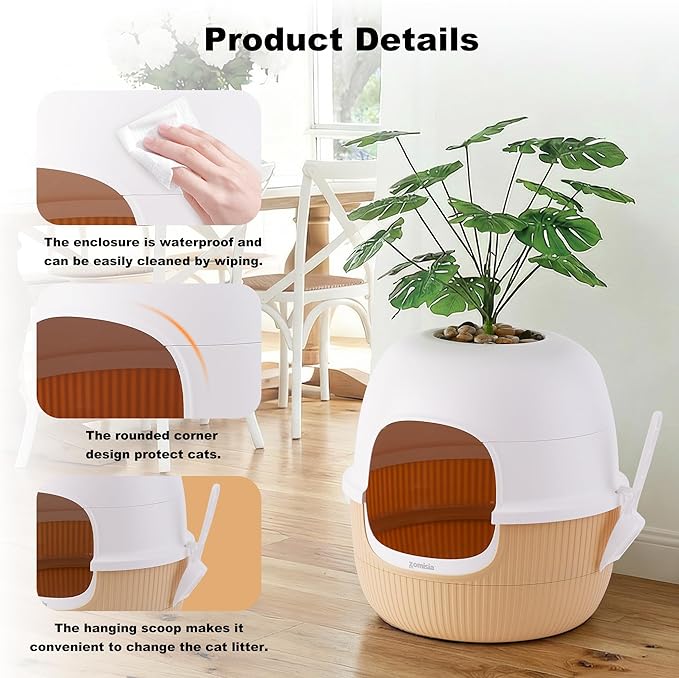 ZOMISIA Hidden Cat Litter Box with Faux Plant, Odor Control Litter Box Enclosure Furniture with Artificial Planter and Scoop, Easy to Assemble and Clean, White & Khaki