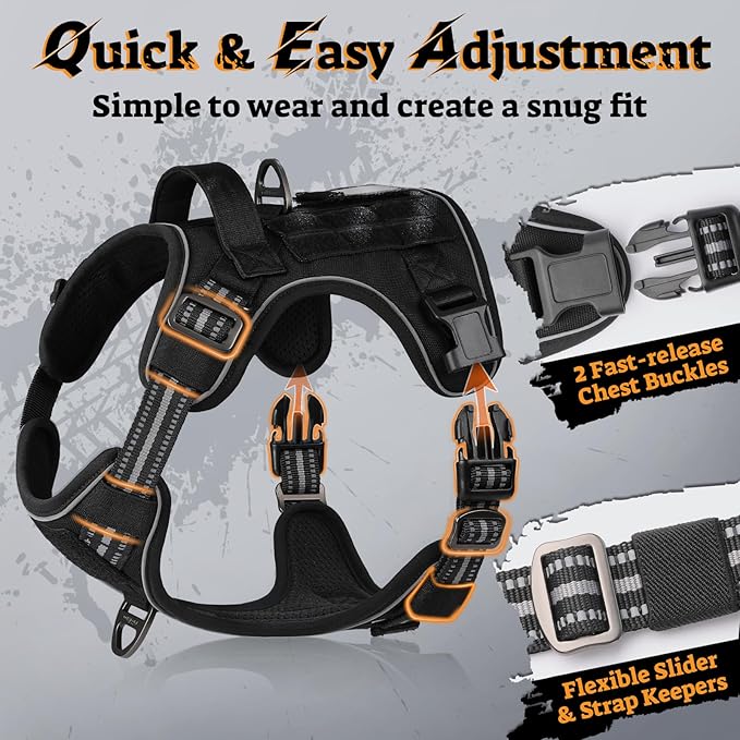 rabbitgoo Dog Harness for Large Dogs No Pull, Tactical Service Pet Vest with Molle and Control Handle, Adjustable and Reflective Military Harness for Easy Walking and Training, Black, L