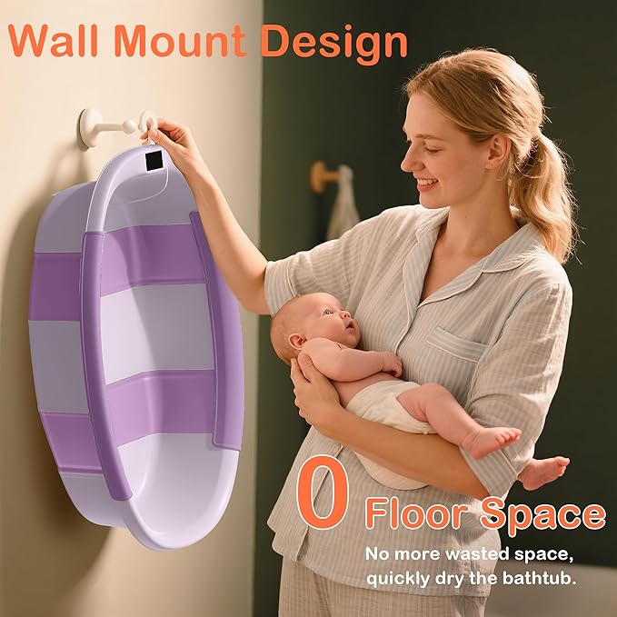 Collapsible Baby Bathtub - Large Baby Bath Tub with Thermometer & Cushion | Travel Portable Newborn Infant Bathtub | Foldable Toddler Bathtub for Baby 0 to 36 Months (Purple)