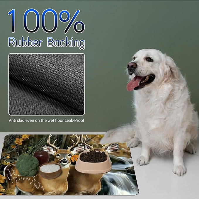Dog Food Mat, 15.7" x 23.6" Absorbent Pet Feeding Mat for Food and Water, Waterproof Diatom Mud Pet Placemat with Non-Slip Rubber Backing, Easy Clean Cat Bowl Mat for Floors - Forest Deer