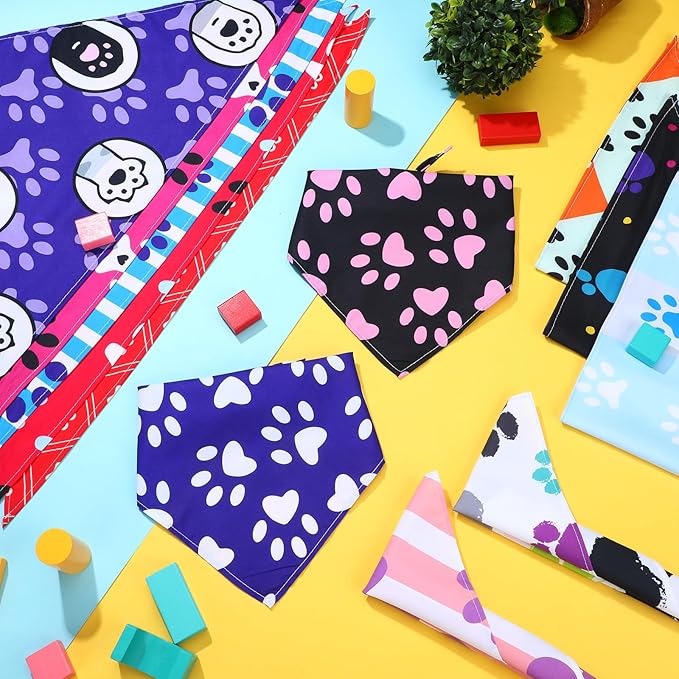 Huhumy 100 Pcs Paw Dog Bandanas Bulk Pet Bibs Colorful Triangle Scarf Paw Pattern Pet Bandanas for Medium Large Dogs Holiday Summer Birthday Costume Decor