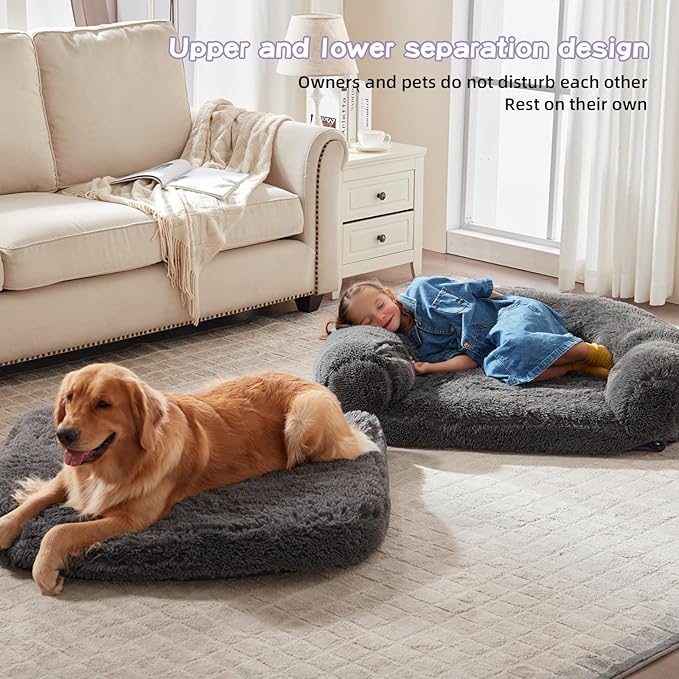 Foldable Human Dog Bed - 71 "x41 x12“ Human Sized Dog Bed with Orthopedic Foam, Fluffy Faux Fur Pet Couch with Waterproof Liner, Non-Slip Bottom, Washable Cover, Cozy Floor Lounger - Dark Gray