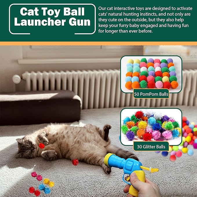 82Pcs Cat Toys Gun Launcher,Cat Toy Ball Launcher Gun，Cat Toy Launchers，Low Noise Interactive Cat Ball Launcher Gun，30 Pcs Sparkle Pom Pom Balls for 50Pcs Pom Pom Balls