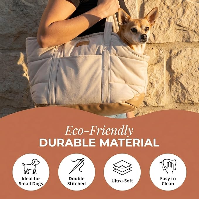 Plush Dog Purse Carrier for Small Dogs, Soft Dog Tote Bag with Safety Harness Clip, Cozy Pet Carrier for Dogs Under 15 lbs, Comfortable Dog Shoulder Carrier for Travel, White