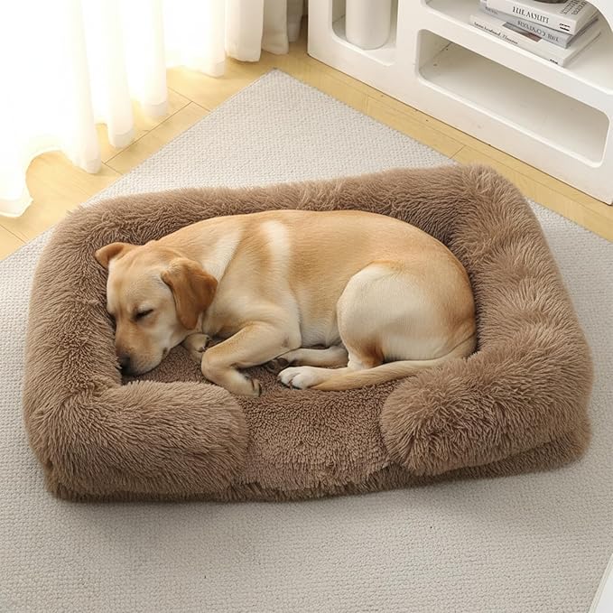 Orthopedic Dog Bed for XXL Dogs - Washable Memory Foam Pet Sofa, Fluffy Plush Rectangular Bed, Waterproof Anti-Anxiety Couch, Khaki, XXL