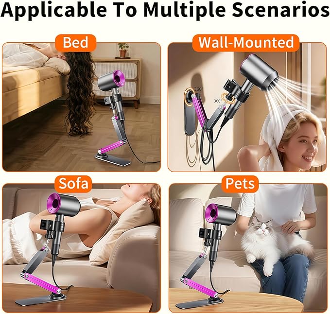 Metal Stable Hair Dryer Stand,Hands Free Blow Dryer Stand With Height & Angle Adjustable,Wall Mounted & Countertop Hairdryer Holder For Bathroom Bedroom Vanity,Compatible With 99% Hairdryers（Large）