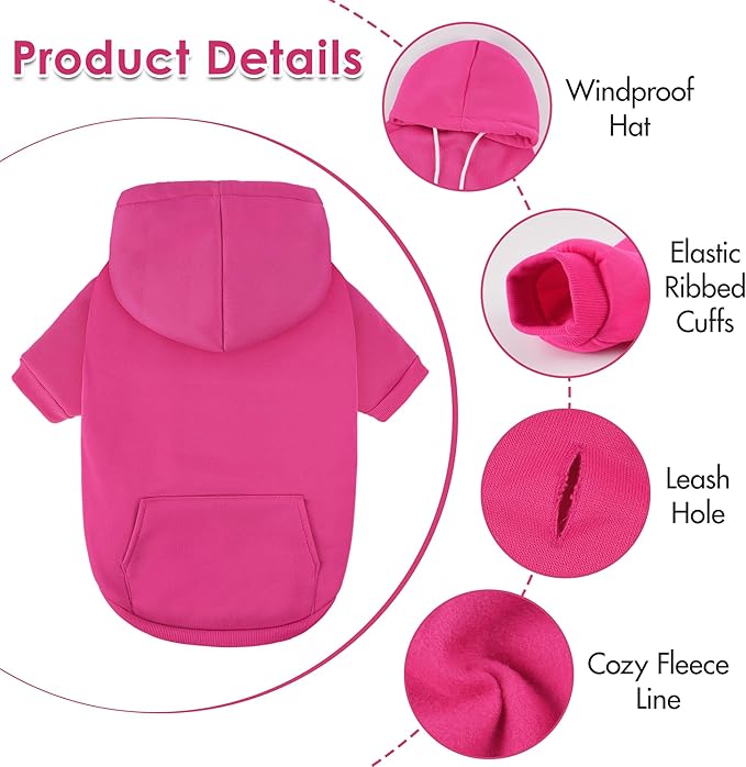 Dog Basic Hoodie Soft Dog Clothes Cold Weather Sweaters for Medium Large Dogs Cozy Fabric Warm Sweatshirt with Leash Hole for Boys (Rose Pink, X-Small (2-5 lbs))