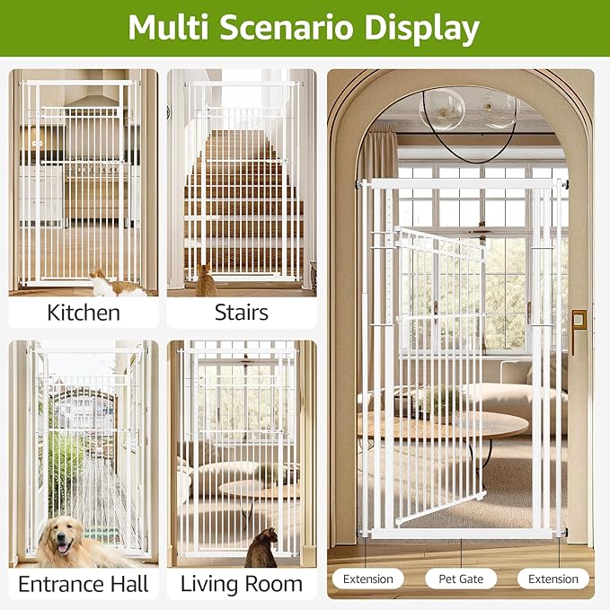 78.8" Extra Tall Pet Gate for Cat/Dog, 32.8-37.4" Wide Tall Cat Gate for Doorways/Hallways, NO Drilling Pressure Mounted Dog Gate for Stairs, Studio, Kitchen (White)