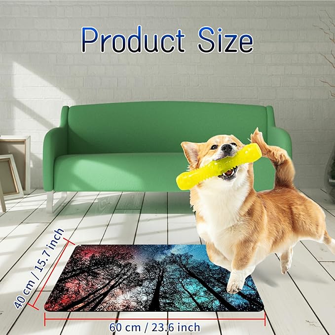 Dog Food Mat, 15.7" x 23.6" Absorbent Pet Feeding Mat for Food and Water, Waterproof Diatom Mud Pet Placemat with Non-Slip Rubber Backing, Cat Bowl Mat for Floors - Red and Blue Trees