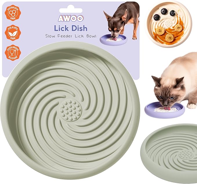 Awoo Lick Dish - Silicone Lick Mat + Slow Feeder for Cats & Small Dogs - Non-Slip Design with Suction Cups - Dishwasher Safe, Extends Mealtime, Reduces Anxiety (Sage)