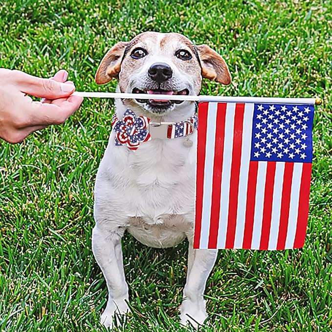 Dog Collar with Flower, 4th of July Comfortable Cotton Dog Collar, American Flag Collar for Medium Girl Dog, Patriotic Flower Collar with Metal Buckle, M
