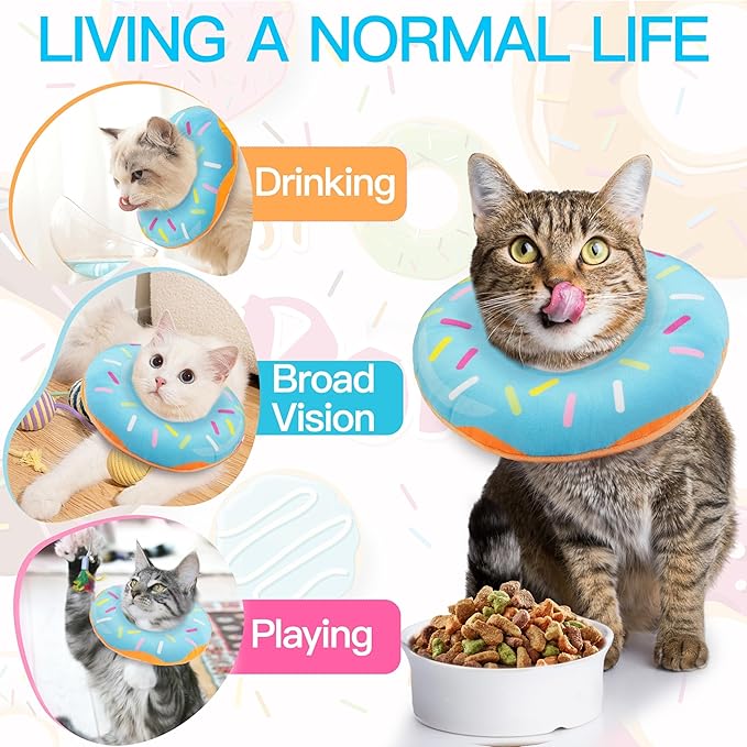 Cat Cone Collar Soft, Cute Cat Donut Collar After Surgery, Adjustable Kitten Recovery Cones to Stop Licking, Lightweight Neck Elizabethan Collars for Cats Kittens (Blue, Small)