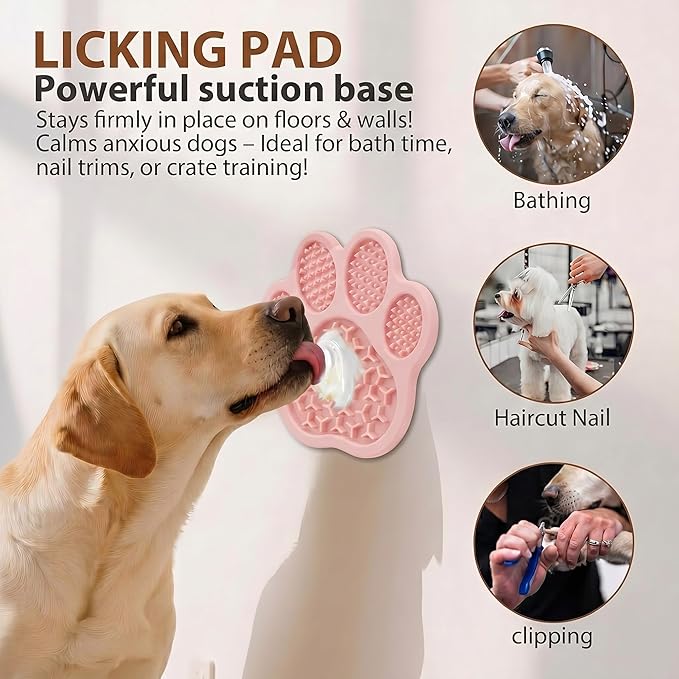 Lick Mat for Dogs and Cats, Slow Feeder Mats with Suction Cups - Bathing, Grooming and Training, Anxiety Relief Feeding Pad,Dishwasher-Safe (PBW03-Pink-paw)