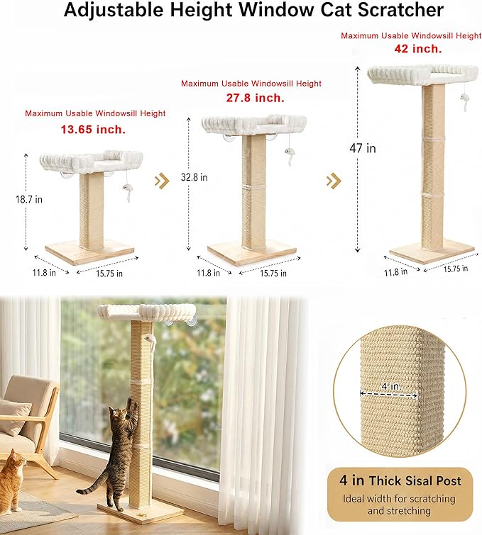 Cat Scratching Post with Large Window Perch - SnugCloud Ultra Soft Bed with Bolster,Adjustable 47" Tall Sisal Scratcher Tree for Maine Coon Big Cat Climbing, Naping and Overlooking