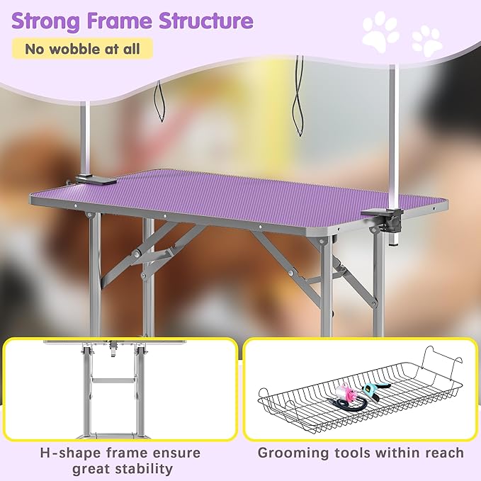 Dog Grooming Table, Adjustable Large Pet Drying Desktop, Foldable Bathing Desk with Arms, Noose, Mesh Tray, Maximum Capacity Up to 330Lb, 42in, Purple