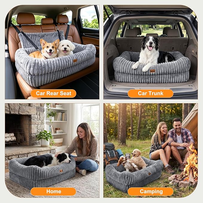 Pawaboo Dog Car Seat, Dog Booster Car Seats with Memory Foam, Thickened Cushion & Washable Removable Cover, Pet Travel Carseat Bed with Safety Leashes for Medium/Large Dogs or 2 Small Dogs, Gray