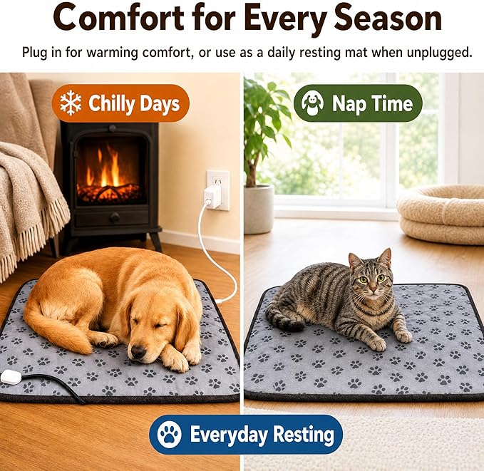 Cat Heating Pad – 18x18 in Self-Warming Pet Bed, Electric Heated Dog & Cat Pad, Waterproof, Temperature Adjustable, Fast Heating, Safe Thermostat, for Kittens Puppies Small Pets