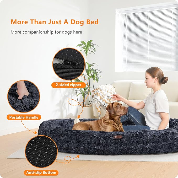 Human Dog Bed Fits Adult & Pets, Reversible Orthopedic Gel Memory Foam Cushion, Washable Long Plush, Plump Edge with Blanket, Storage Pocket, 71"x47.2"x9", Extra Large, Graphite Grey