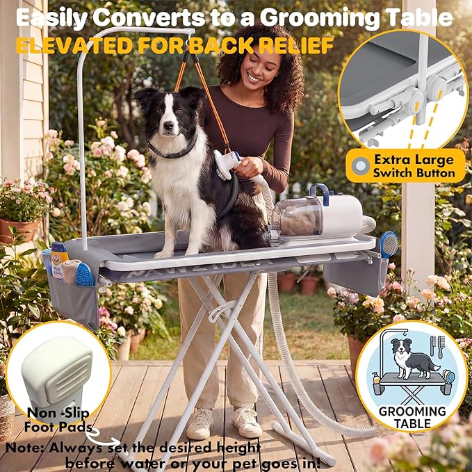 PAWZIDEA 2-in-1 Portable Dog Bathtub & Grooming Table for Medium to Large Dogs up 150lb, 43" Foldable Dog Washing Station, 5-Height Adjustable Elevated Pet Shower Bath, 1.8" Fast Drain, Indoor Outdoor