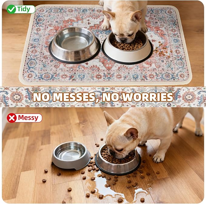 PUPTECK Dog Food Mat, Absorbent Pet Feeding Bowl Mat, Non-Slip Dog Mat for Food and Water, Quick Dry No Stains Cat Placemats Pet Supplies for Messy Drinkers, Brown 16"x24"