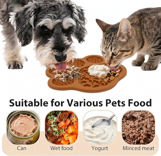 Lick Mat for Dogs and Cats, Slow Feeder Mats with Suction Cups - Bathing, Grooming and Training, Anxiety Relief Feeding Pad,Dishwasher-Safe (PBW03-Brown-paw)