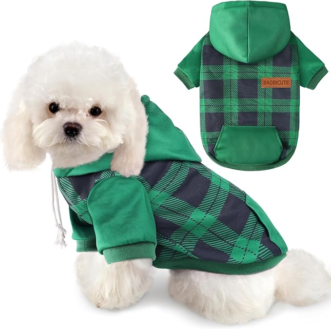 Dog Basic Hoodie Soft Dog Clothes Cold Weather Sweaters for Medium Large Dogs Cozy Fabric Warm Sweatshirt with Leash Hole for Boys (Green Plaid, X-Small (2-5 lbs))