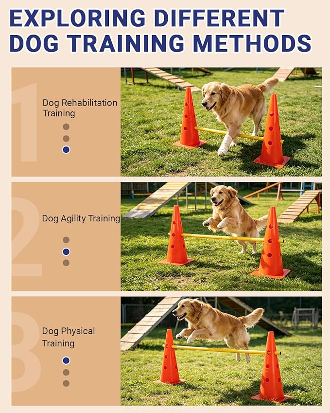 Dog Agility Course Backyard Set, Dog Agility Hurdle Cone Set with Height Adjustable Crossbar for Rehabilitation & Beginners, Dog Agility Equipment for Dog Obstacle Course - 18 Inch Orange