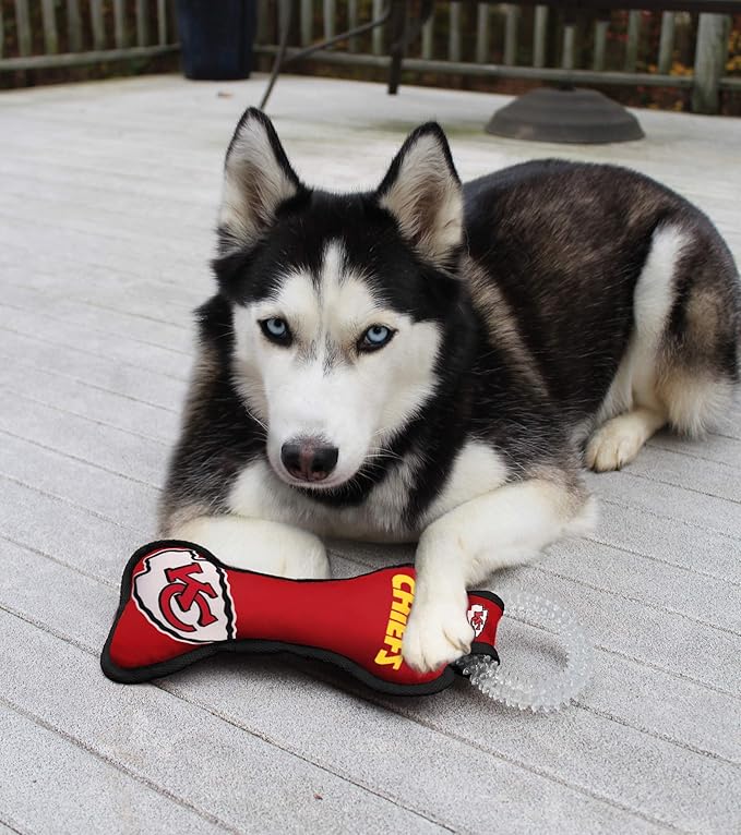 Pets First NFL Kansas City Chiefs Dental Dog TUG Toy with Squeaker. Tough PET Toy for Healthy Fun, Teething & Cleaning Pet's Teeth & Gum., Team Color, one Size (KCC-3310)