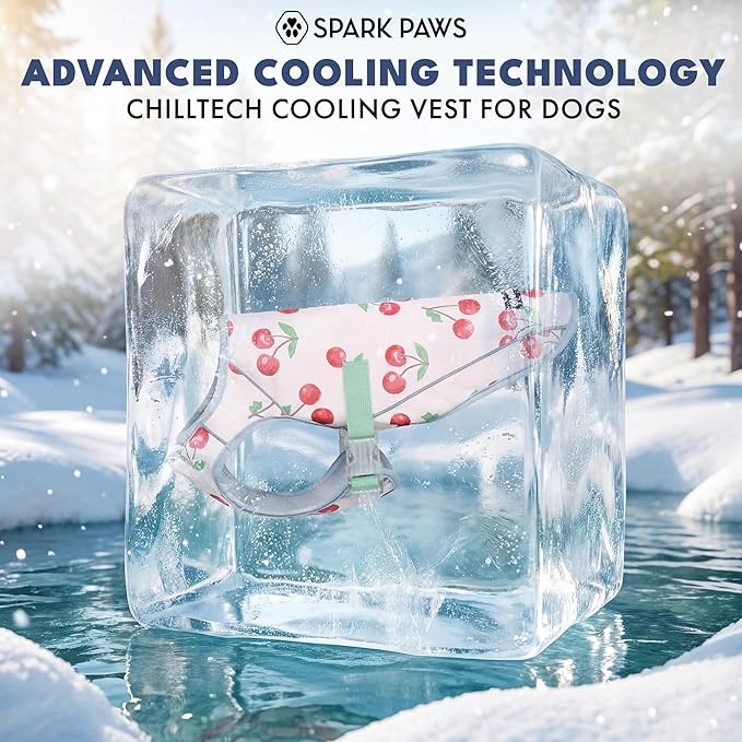 Spark Paws Dog Cooling Vest - SPF 50 UV Sun Protection - Summer Heat Relief Gear for Dogs, Lightweight, Evaporative Cooling - Dog Anxiety Relief Vest During Hot Days - Cherries - Size S