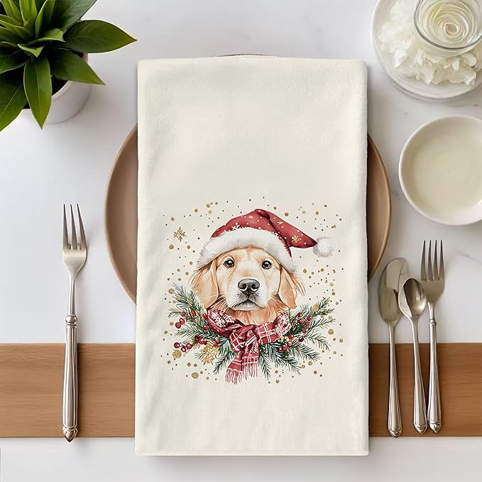 Golden Retriever Kitchen Towels Gifts, Christmas Navidad Xmas Golden Retriever Decor, Christmas Navidad Dog Hand Towels Dish Towels for Kitchen Bathroom, 16x24 Inch