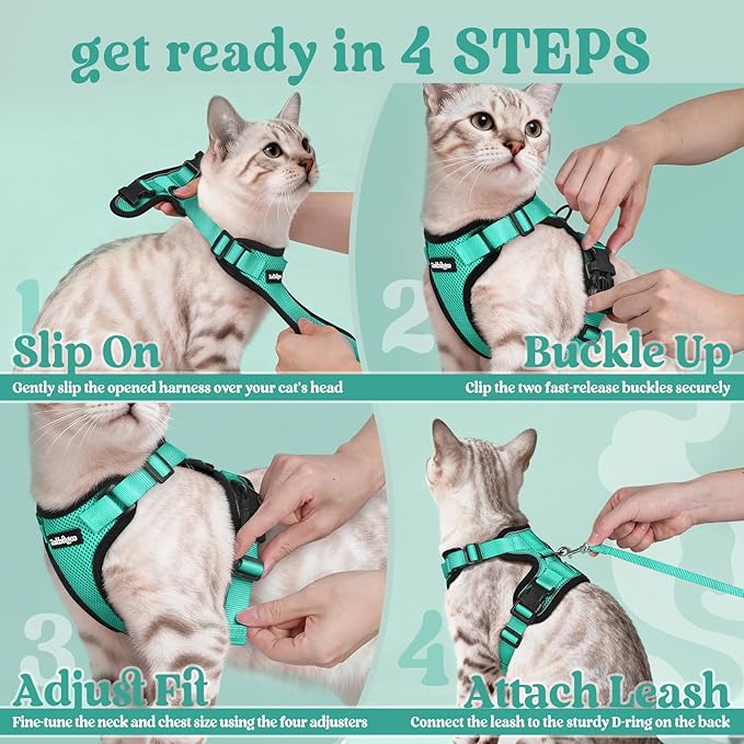 rabbitgoo Cat Harness and Leash Set, Escape Proof Vest Harness for Safe Outdoor Walks, Soft Breathable Adjustable Vest with Reflective Strips for Average to Large Cats, Emerald, M