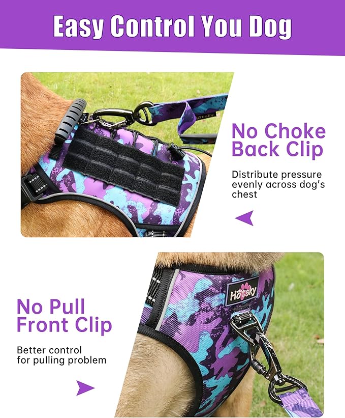 Hotsky Tactical Dog Harness No Pull，Adjustable Service Dog Vest Reflective Military Pet Harness with Control Handle Molle Loop Panels for Training Walking Running(Purple Camo, L)