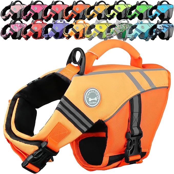 VIVAGLORY Sports Style Dog Life Vest, Dog Life Jacket for Swimming & Boating, Ripstop & Buoyancy for Puppy Doggy, Lifejacket with Handle, XS, Dark Orange