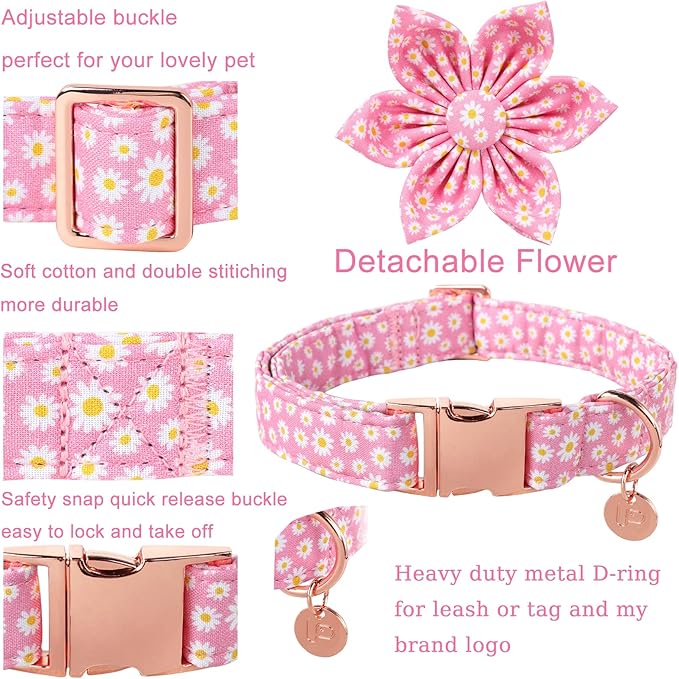 Summer Dog Collar with Flower, Cotton Cute Flower Dog Collar, Pink Flower Collar for Large Boy Girl Dog, Comfortable Blue Dog Collar with Metal Buckle, L