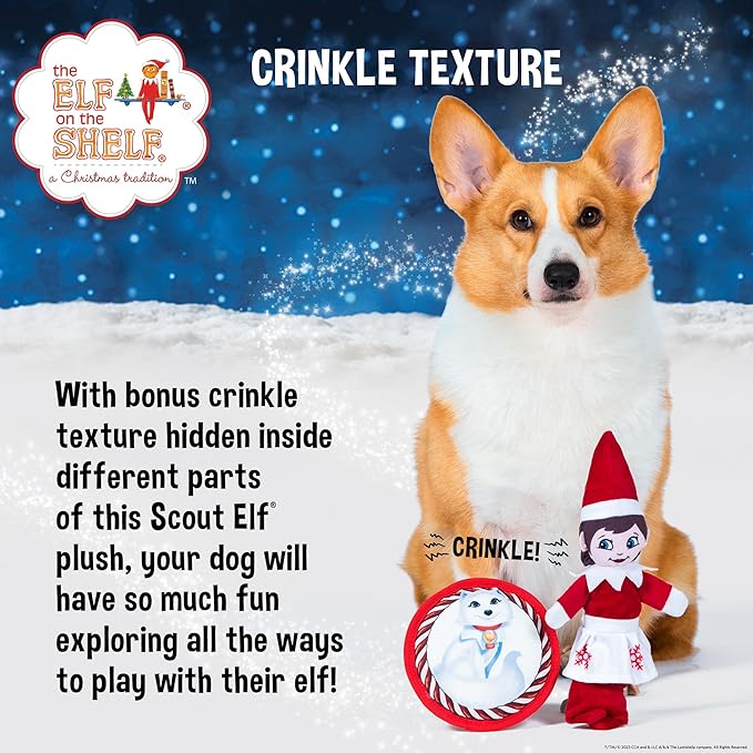 The Elf on the Shelf 2pc Dog Toy Set with Elastic Scout Elf + Elf Pets Arctic Fox Plush Flattie Disk, Squeaky Dog Toys | Bungee Dog Toys for Tug | Stocking Stuffers for Dogs