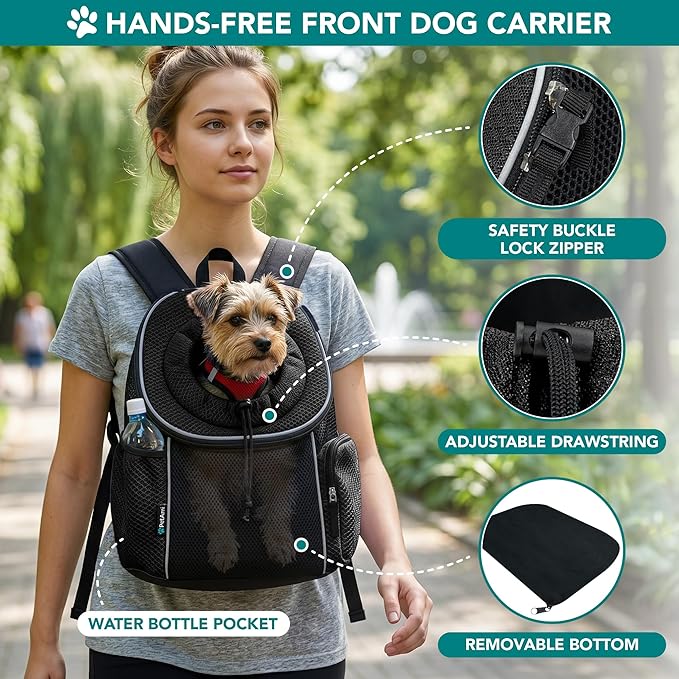 PetAmi Dog Carrier Backpack, Hands Free Front Pet Carrier for Small Cats Puppies, Adjustable Ventilated Reflective Pet Travel Bag for Hiking Camping Biking Walking, Up to 10 lbs, Black