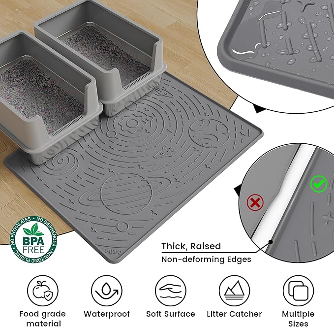 OHMO Cat Mat for Litter Box, Large 31.5x23.6 Dark Grey, High Edge Silicone Scatter Control Waterproof Trapping Mat