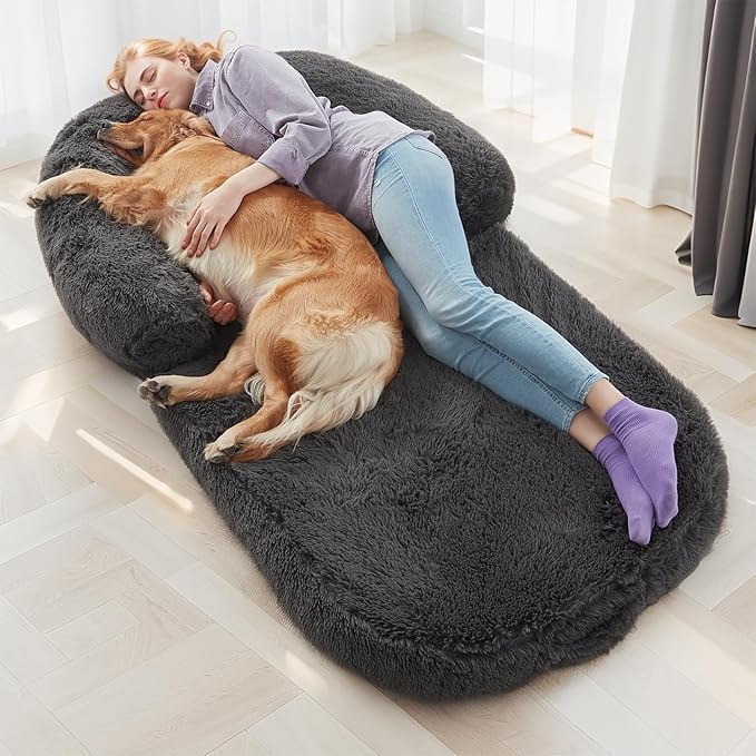 Foldable Human Dog Bed - 71 "x41 x12“ Human Sized Dog Bed with Orthopedic Foam, Fluffy Faux Fur Pet Couch with Waterproof Liner, Non-Slip Bottom, Washable Cover, Cozy Floor Lounger - Dark Gray
