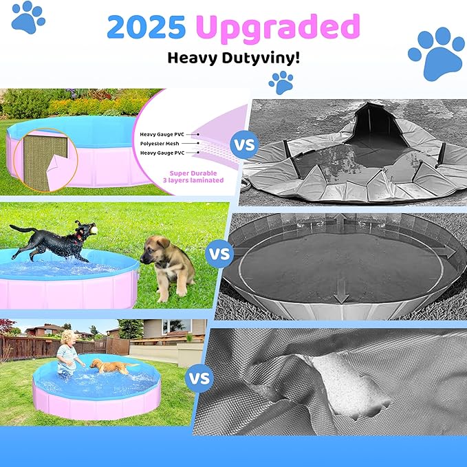 CACSPS 2025 Updated Foldable Dog Pool, 63" x 12" Kiddie Pool with Hard Plastic, Non-Slip Dog Bath Tub for Outdoor Backyard, Collapsible Dog Swimming Pool for Kids Dogs Pets (Pink)
