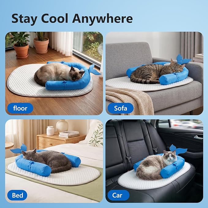 Cat Cooling Mat with Soft U-Shaped Pillow– Breathable Calming Cooling Pad for Cats– Portable Washable Summer Cooling Cat Bed for Indoor Or Travel Use,Blue Shark