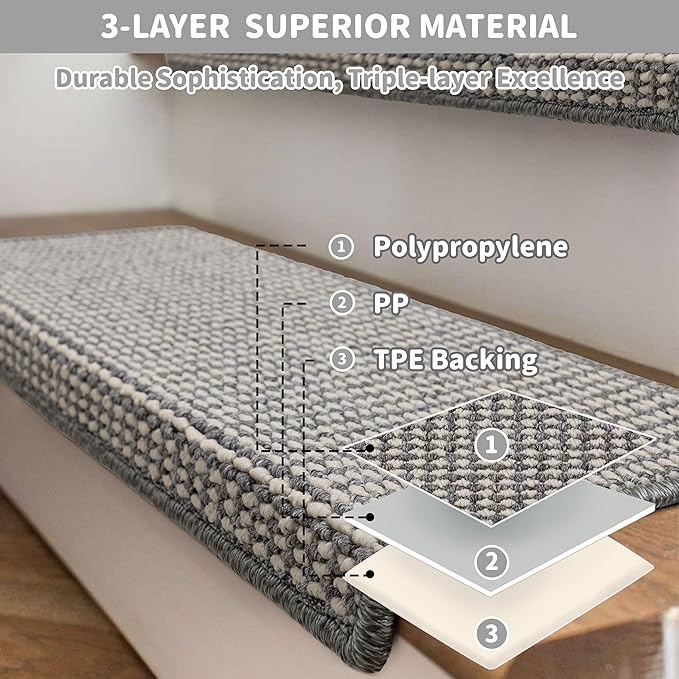 Brakki Bullnose Carpet Stair Treads, Stair Treads for Wooden Steps Indoor Runner and Pets, Non Slip Soft Edging Staircase Protectors, Washable, 29.5"x9.5"x1.5" 2pcs, Grey and Cream