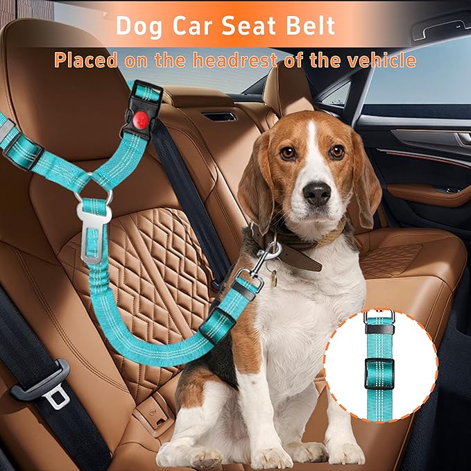 Seyezo 3-Piece Dog Car Harness Set - Retractable, Adjustable, Reflective Dog Seatbelt for Vehicle Headrests, Heavy Duty, High Elastics, Sky Blue