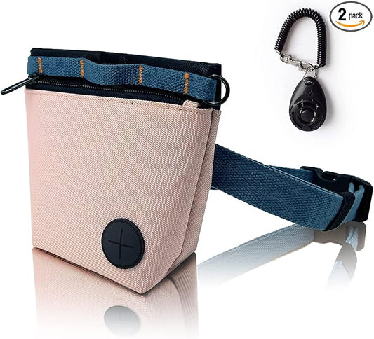 Dog Treat Pouch with Pet Training Clicker, Dog Training Treat Pouch Kit, Magnetic Closure, Hands-Free Training (Pink)