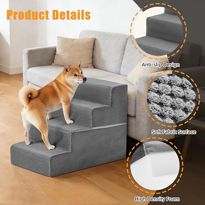 4-Step Dog Stairs for Large Dogs and Cats, 18in H Dog Steps for Couch, Sofa, Chair, Durable Non-Slip Sturdy Pet Steps, Pet Ramp for High Bed Indoor, Grey