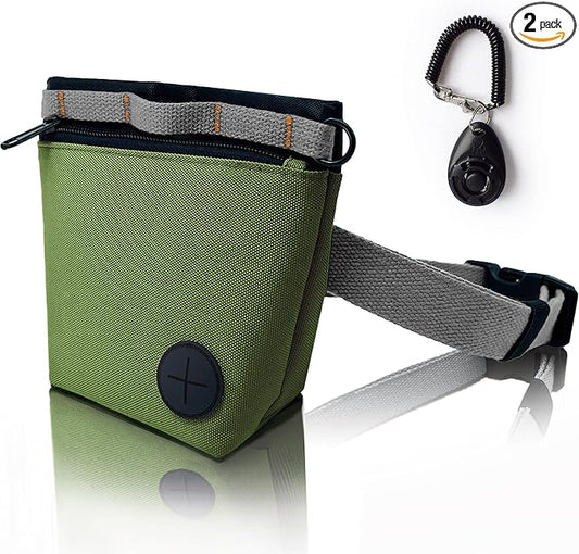 Dog Treat Pouch with Pet Training Clicker, Dog Training Treat Pouch Kit, Magnetic Closure, Hands-Free Training (Green)
