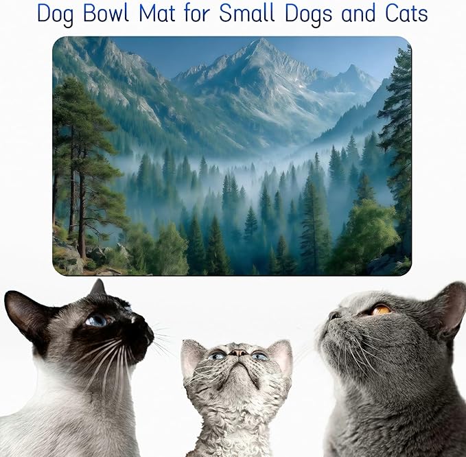 Dog Food Mat, 19.6" x 23.6" Absorbent Pet Feeding Mat for Food and Water, Waterproof Diatom Mud Pet Placemat with Non-Slip Rubber Backing, Cat Bowl Mat for Floors - Green Forest Mountains