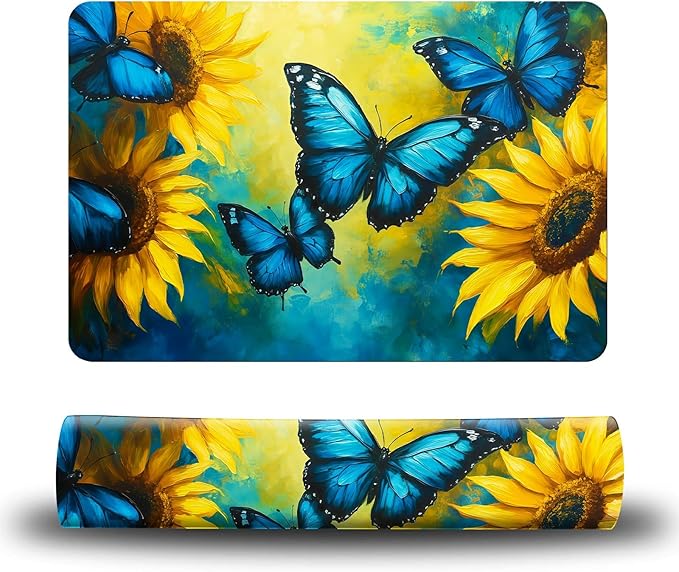 Dog Food Mat, 19.6" x 23.6" Absorbent Pet Feeding Mat for Food and Water, Waterproof Diatom Mud Pet Placemat with Non-Slip Rubber Backing, Cat Bowl Mat for Floors - Blue Butterfly Sunflower