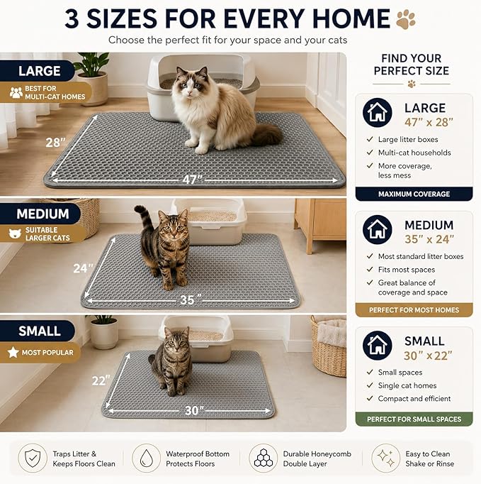 Cat Litter Box Mat Double Layer Trapping Mat Easy-Clean Waterproof Urine Proof(Gray 30x22in)